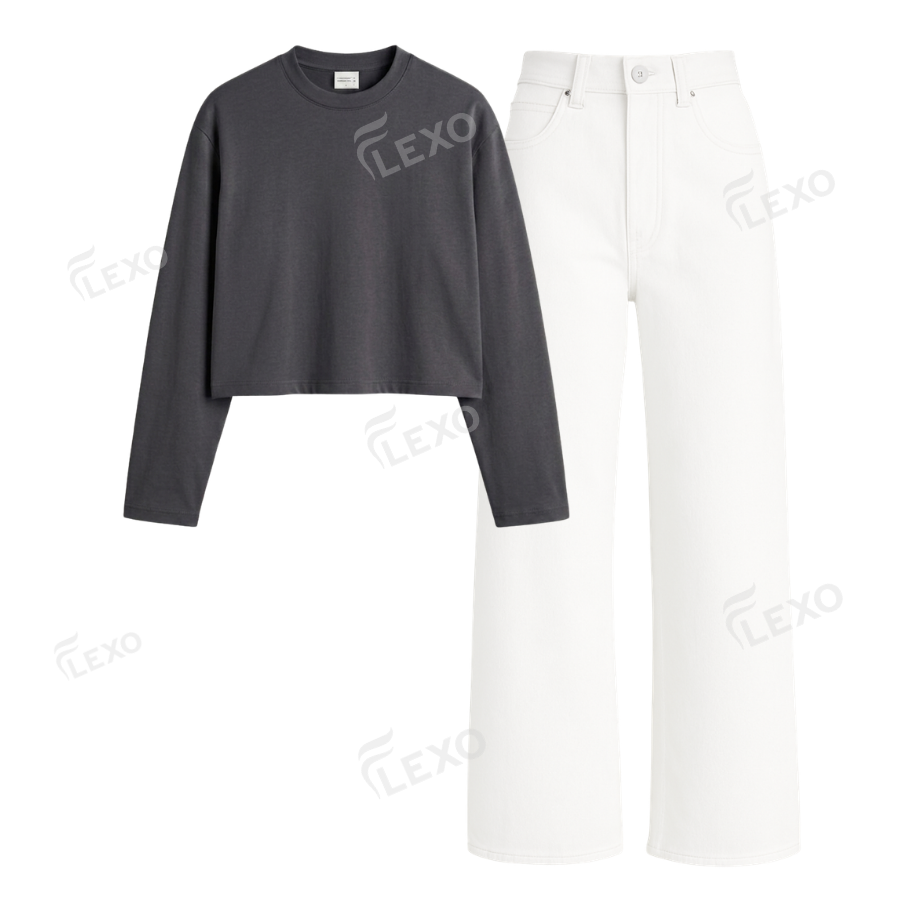 White Wide Leg Jeans With Crop Full Sleeves T-Shirt