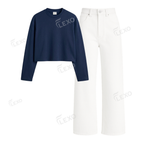 White Wide Leg Jeans With Crop Full Sleeves T-Shirt