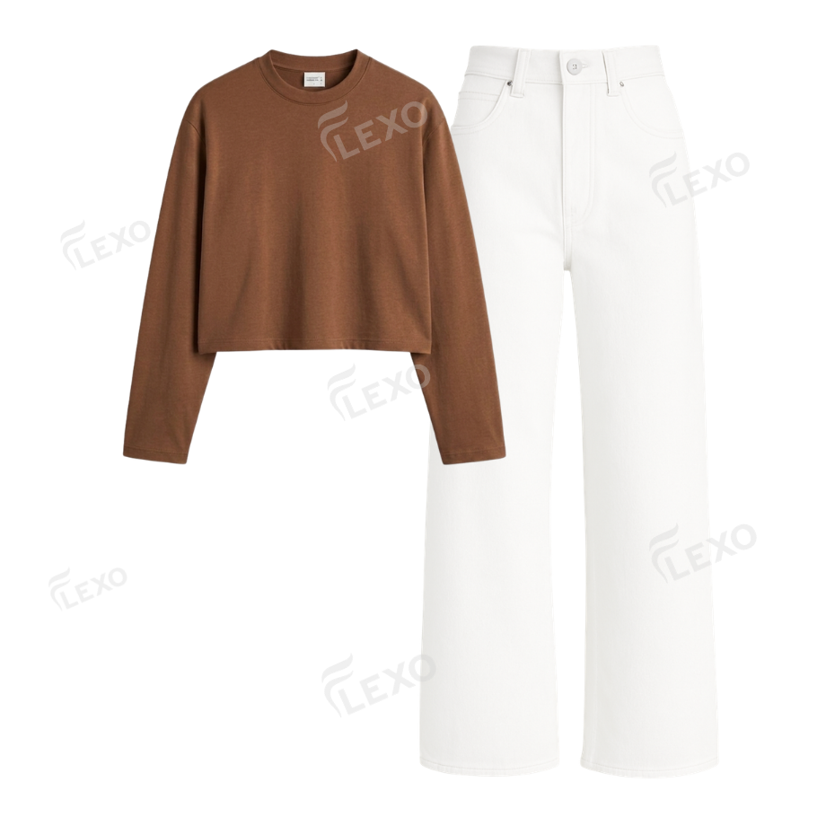 White Wide Leg Jeans With Crop Full Sleeves T-Shirt