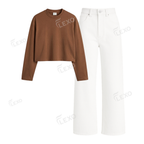 White Wide Leg Jeans With Crop Full Sleeves T-Shirt