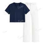 White Wide Leg Jeans With Crop V-Neck T-Shirt