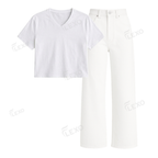 White Wide Leg Jeans With Crop V-Neck T-Shirt