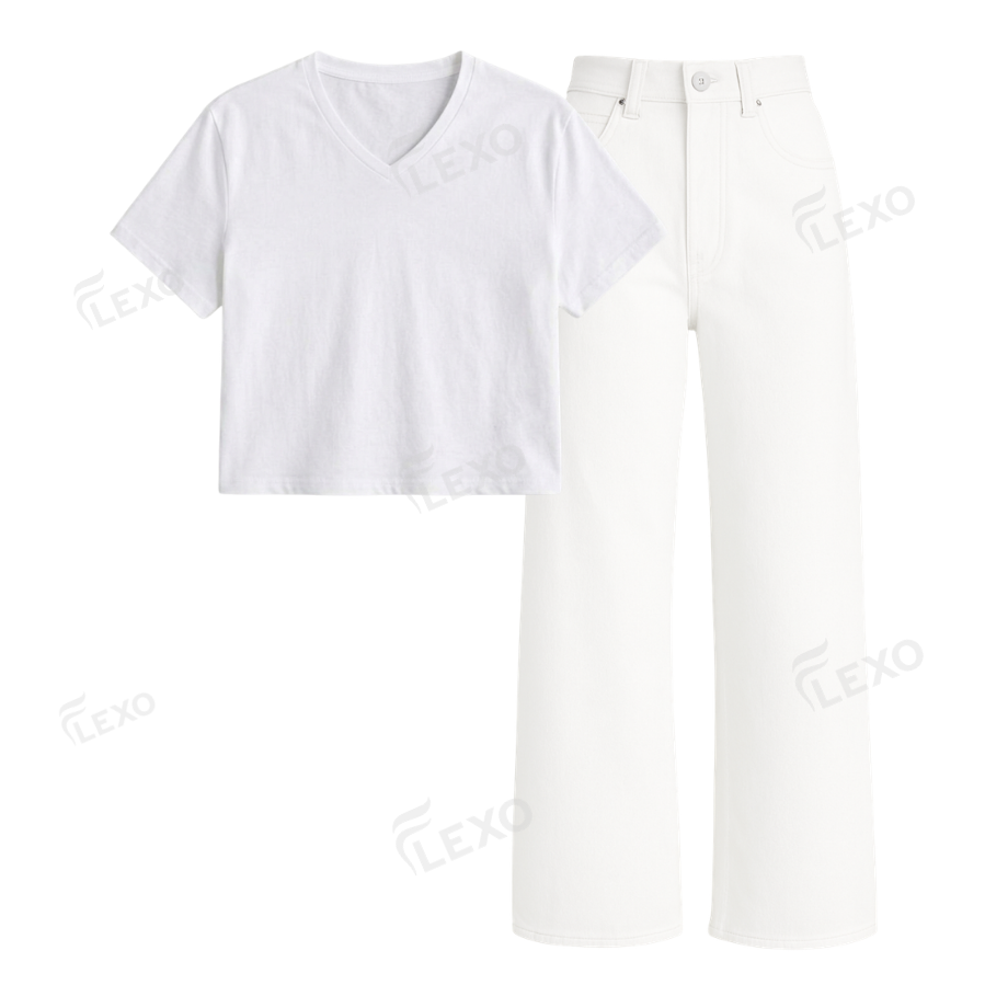 White Wide Leg Jeans With Crop V-Neck T-Shirt