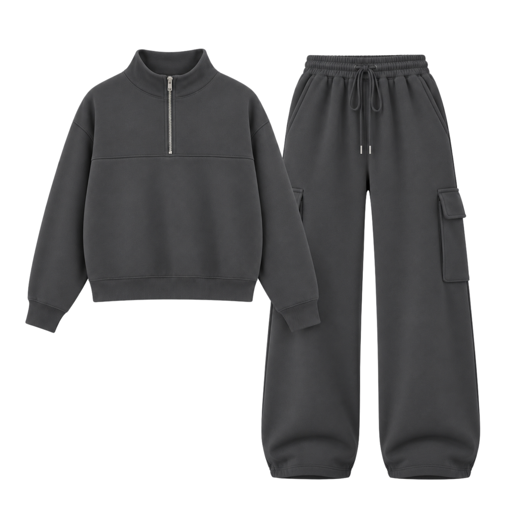 Charcoalgrey Straight Leg Cargo With Oversized Mockneck Sweatshirt