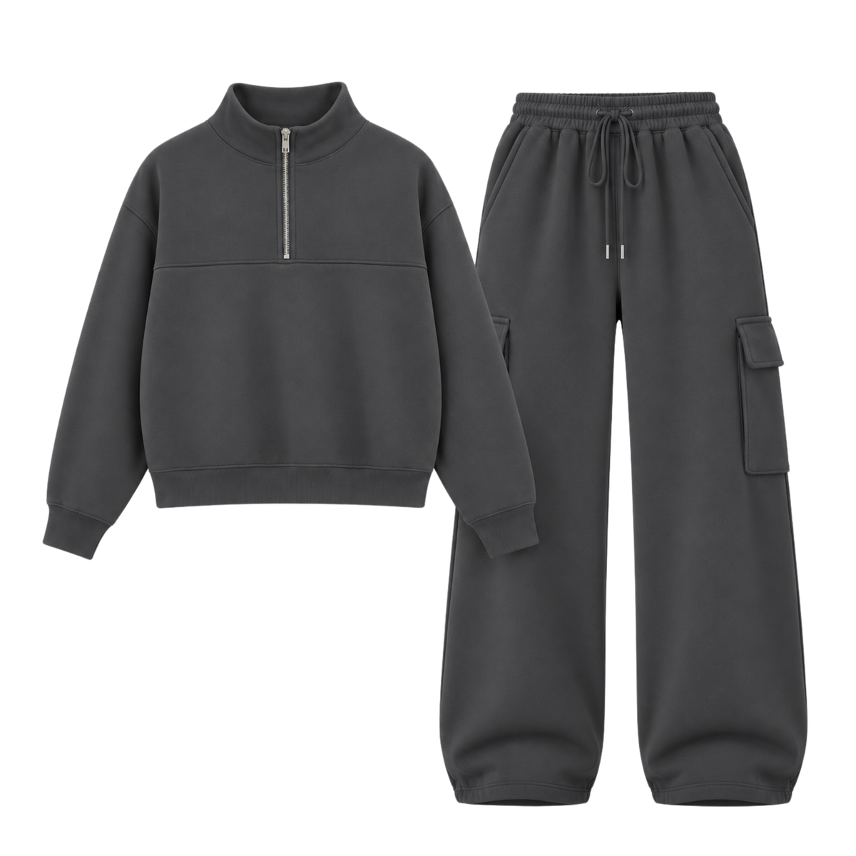 Charcoalgrey Straight Leg Cargo With Oversized Mockneck Sweatshirt