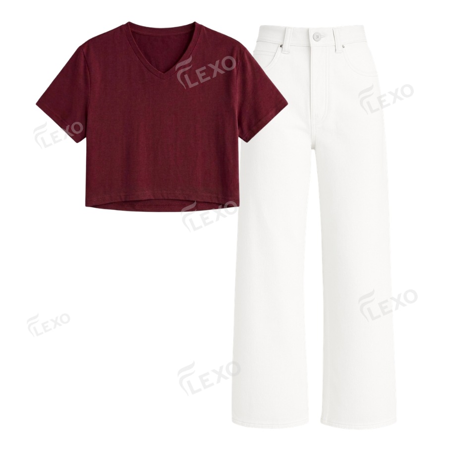 White Wide Leg Jeans With Crop V-Neck T-Shirt