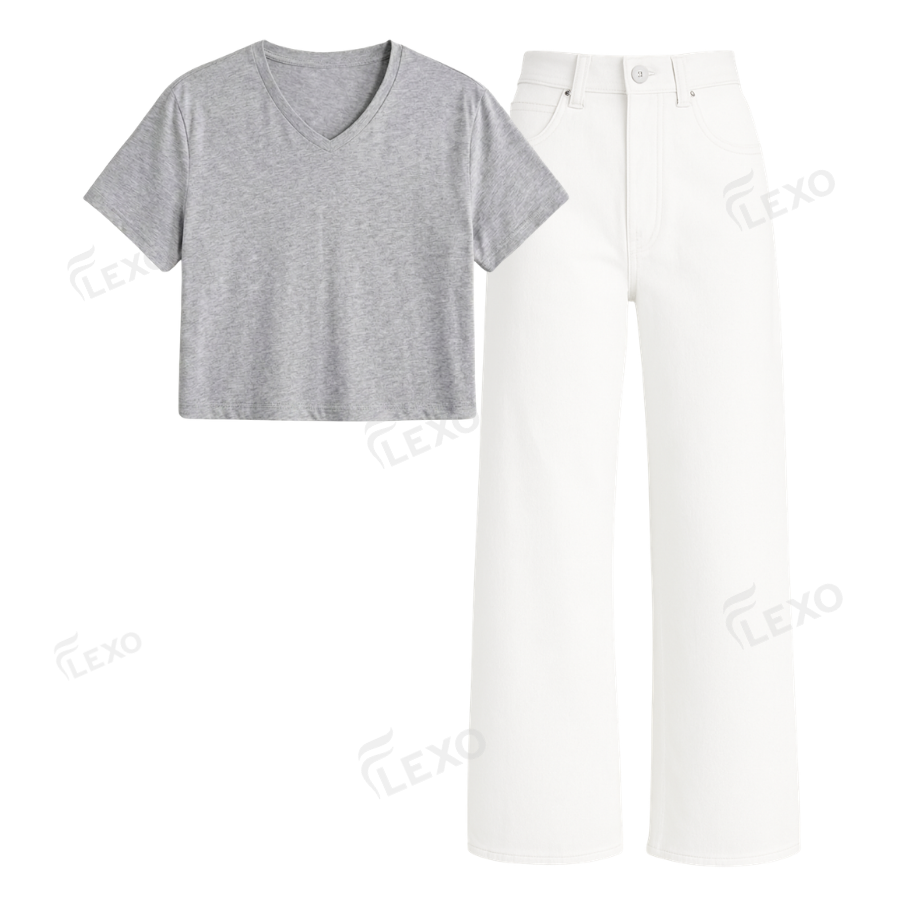 White Wide Leg Jeans With Crop V-Neck T-Shirt