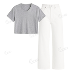 White Wide Leg Jeans With Crop V-Neck T-Shirt