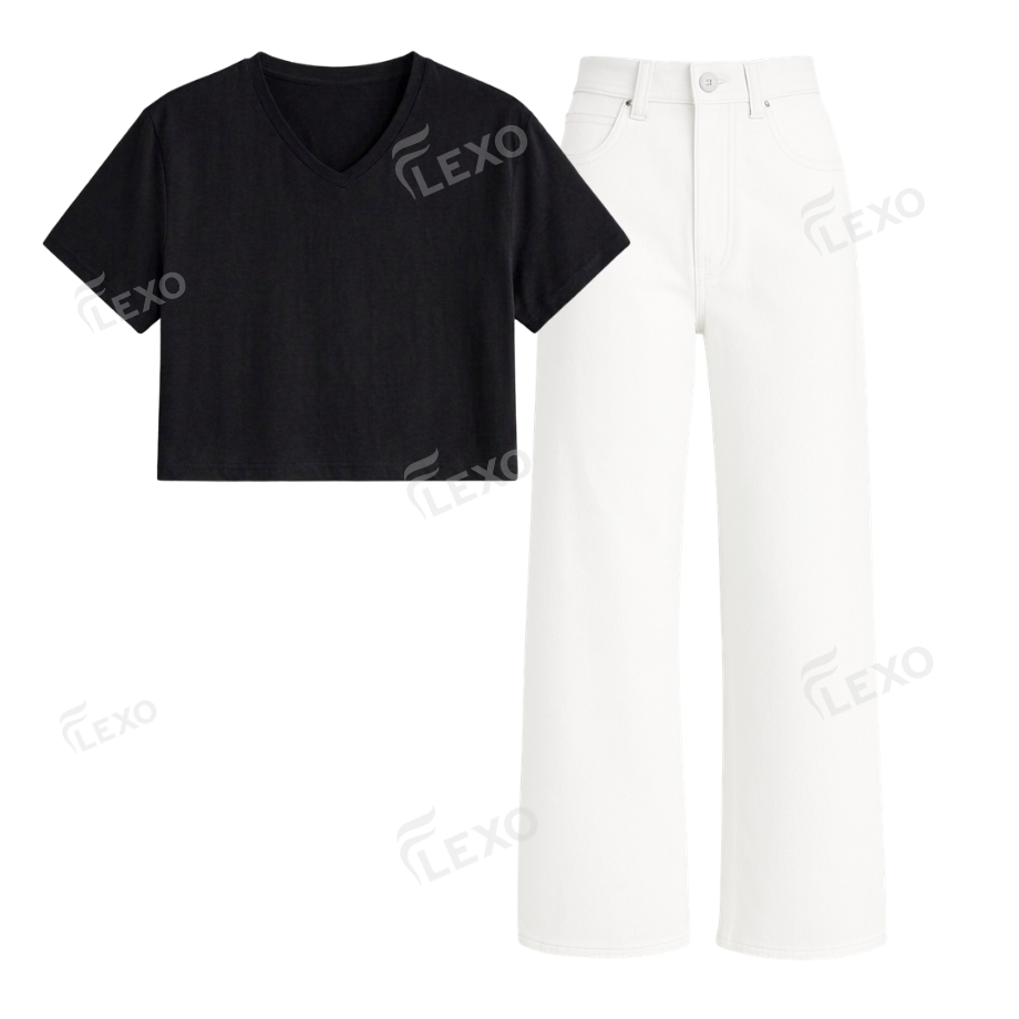 White Wide Leg Jeans With Crop V-Neck T-Shirt Secondary image