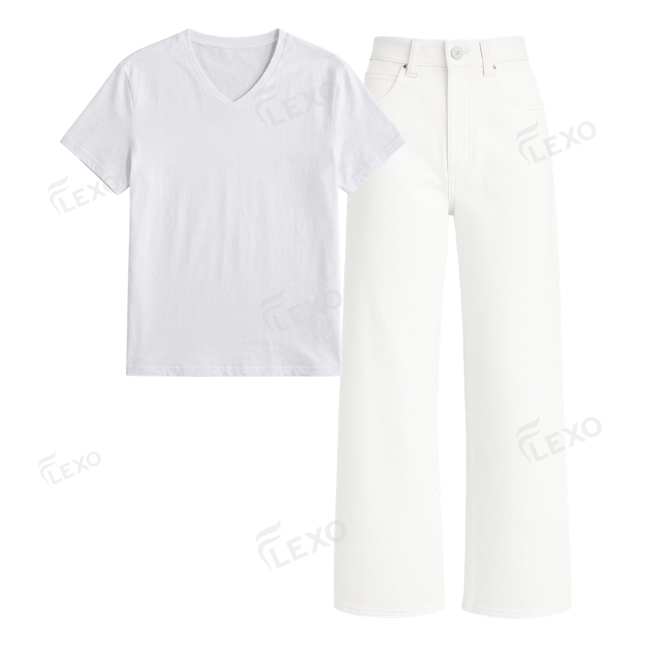 White Wide Leg Jeans With V-Neck T-Shirt