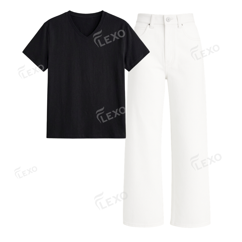 White Wide Leg Jeans With V-Neck T-Shirt