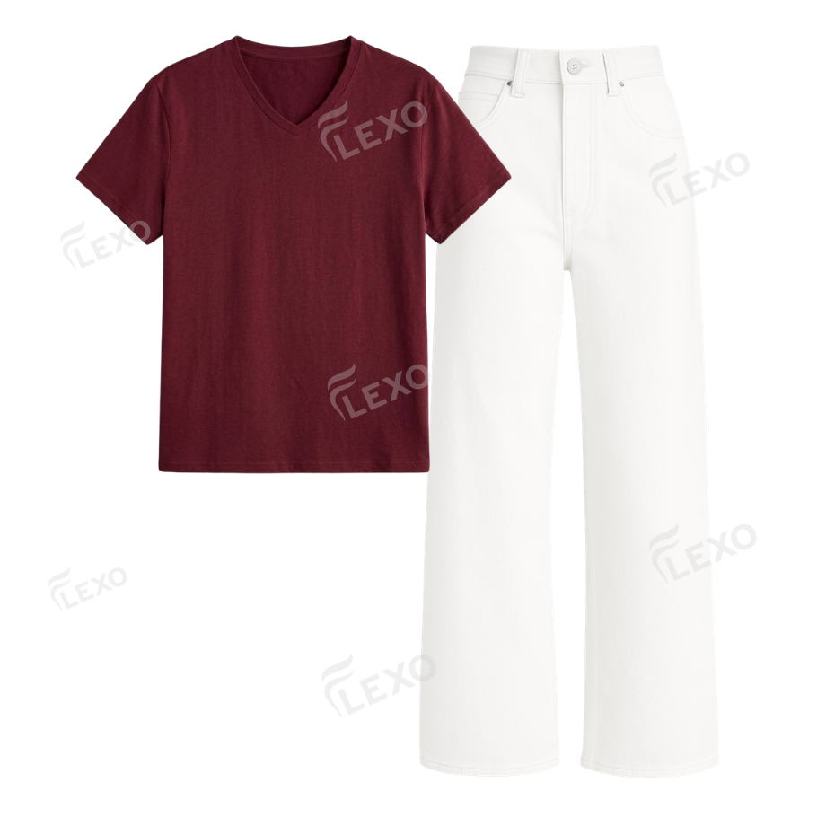 White Wide Leg Jeans With V-Neck T-Shirt