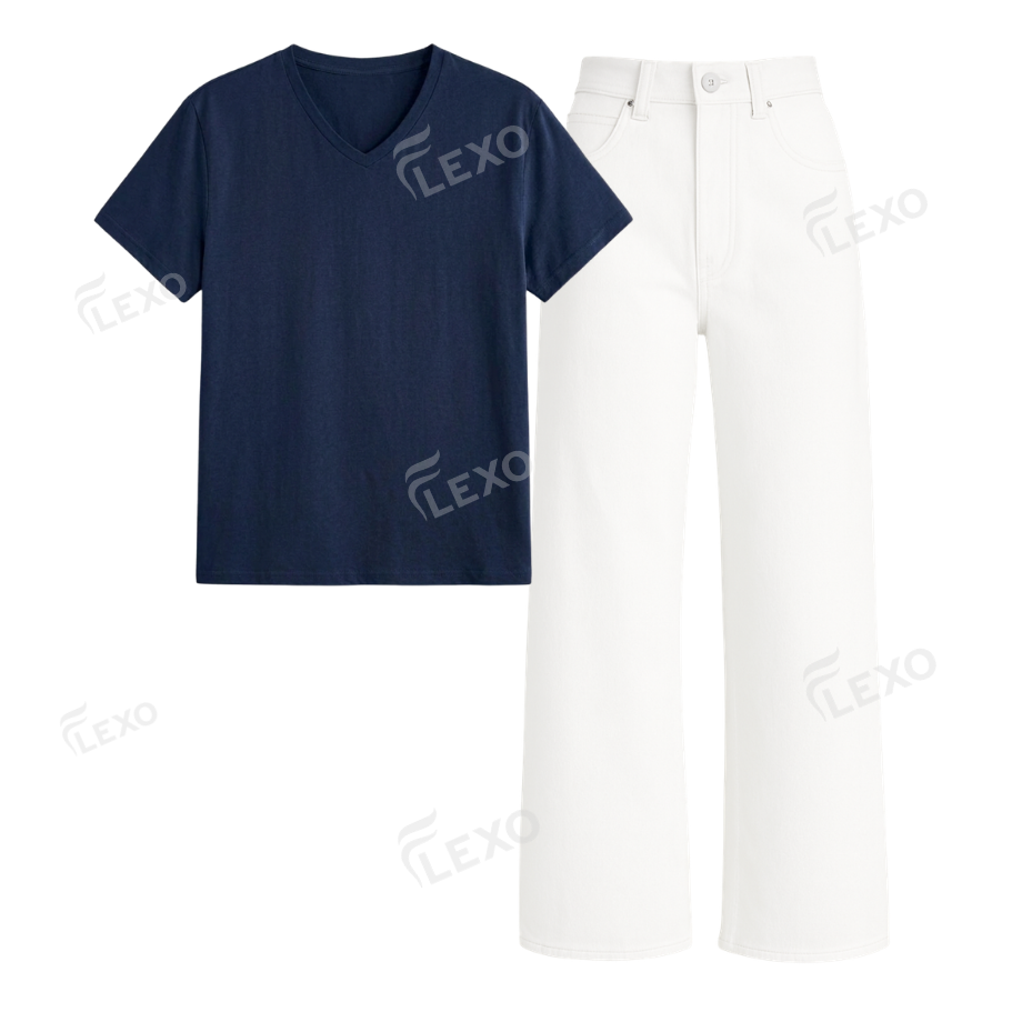White Wide Leg Jeans With V-Neck T-Shirt