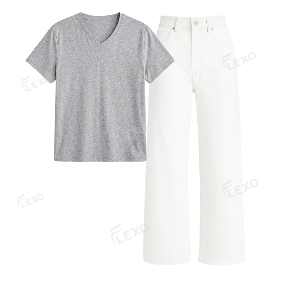 White Wide Leg Jeans With V-Neck T-Shirt