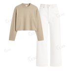 White Wide Leg Jeans With Crop Full Sleeves T-Shirt