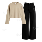 Black Wide Leg Jeans With Crop Full Sleeves T-Shirt