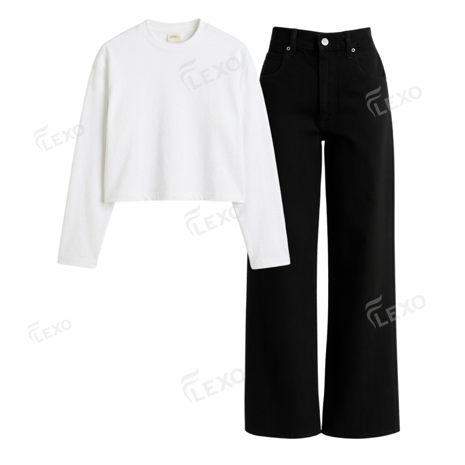 Black Wide Leg Jeans With Crop Full Sleeves T-Shirt