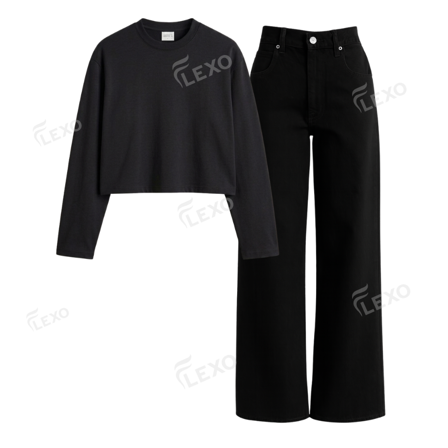 Black Wide Leg Jeans With Crop Full Sleeves T-Shirt Main image