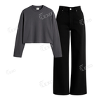 Black Wide Leg Jeans With Crop Full Sleeves T-Shirt