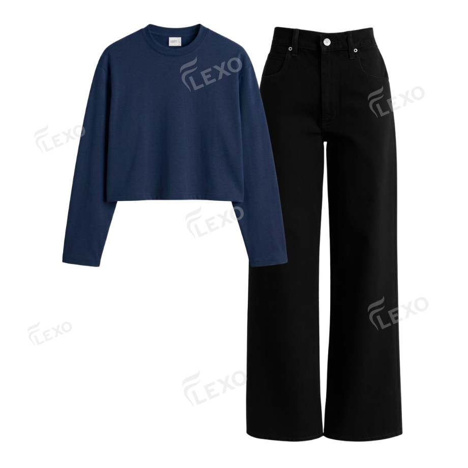 Black Wide Leg Jeans With Crop Full Sleeves T-Shirt