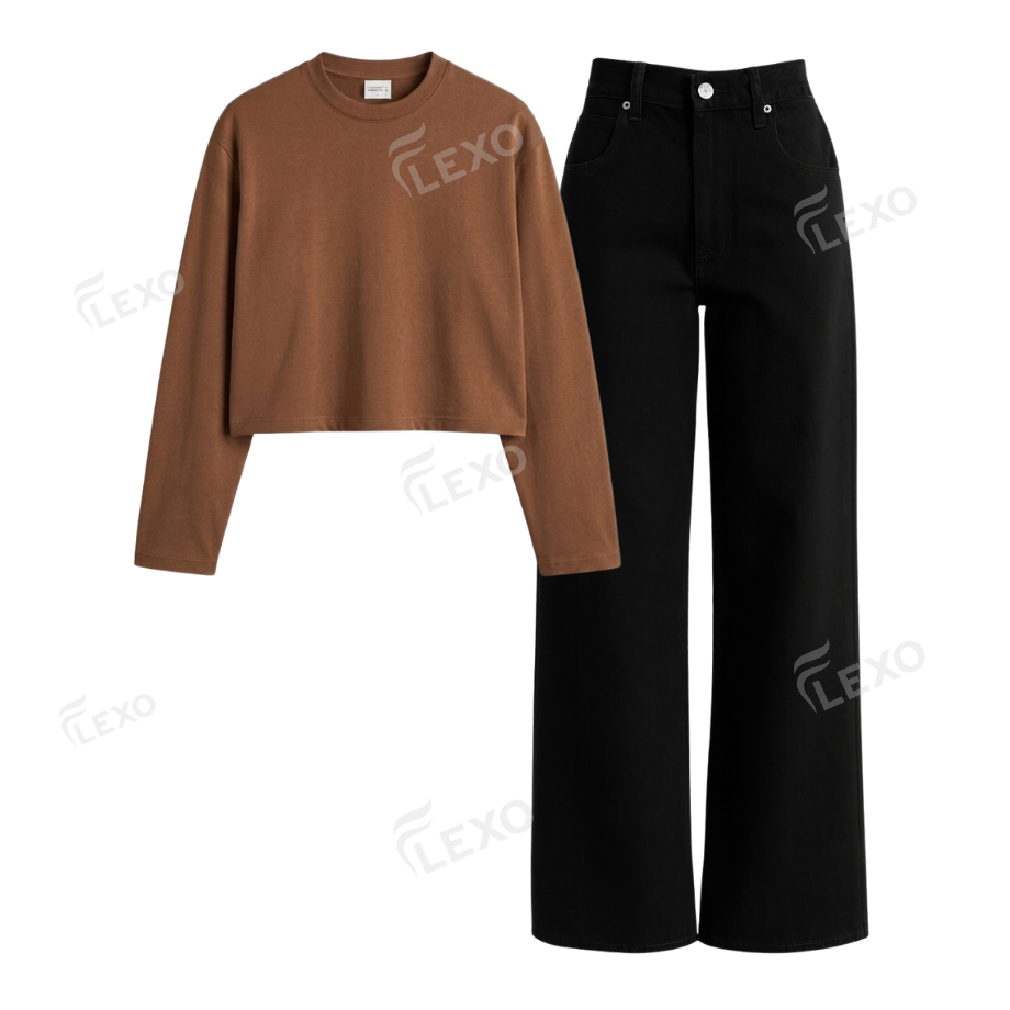 Black Wide Leg Jeans With Crop Full Sleeves T-Shirt