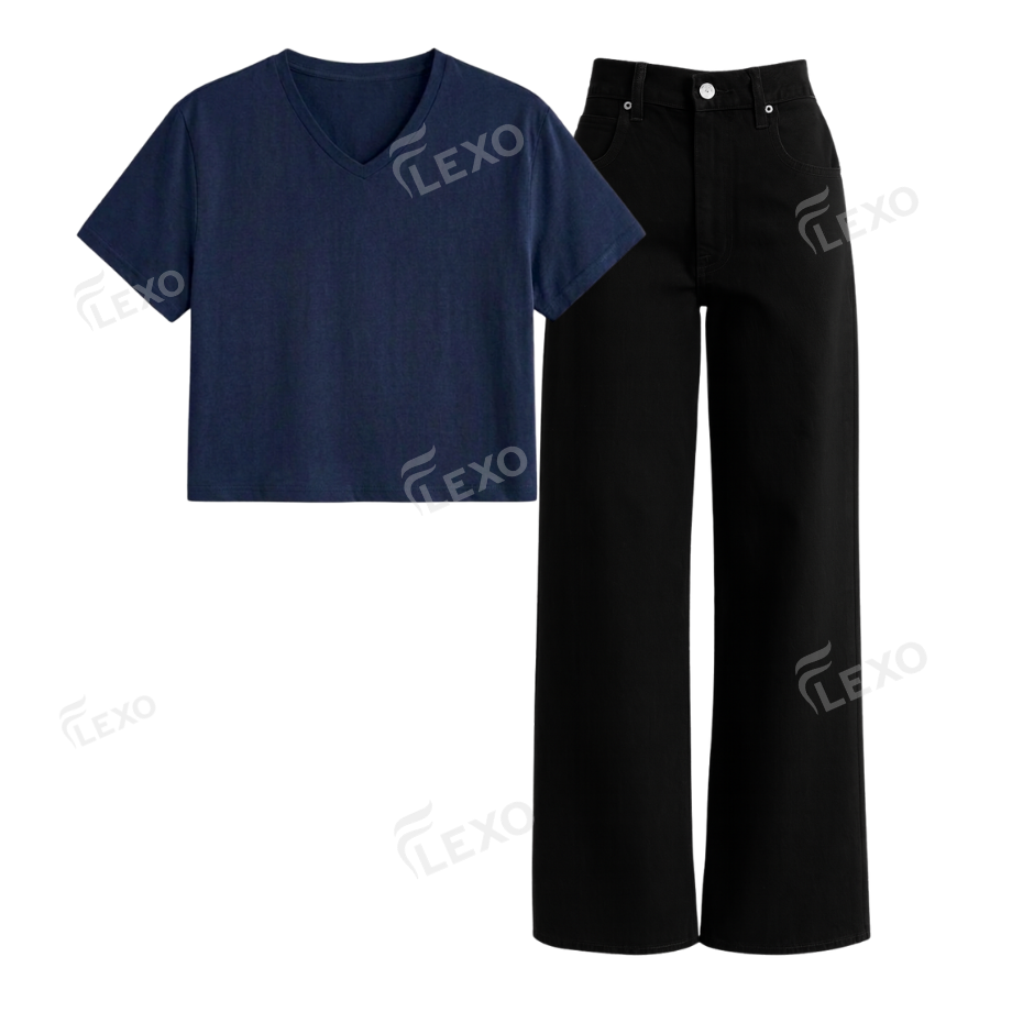 Black Wide Leg Jeans With Crop V-Neck T-Shirt