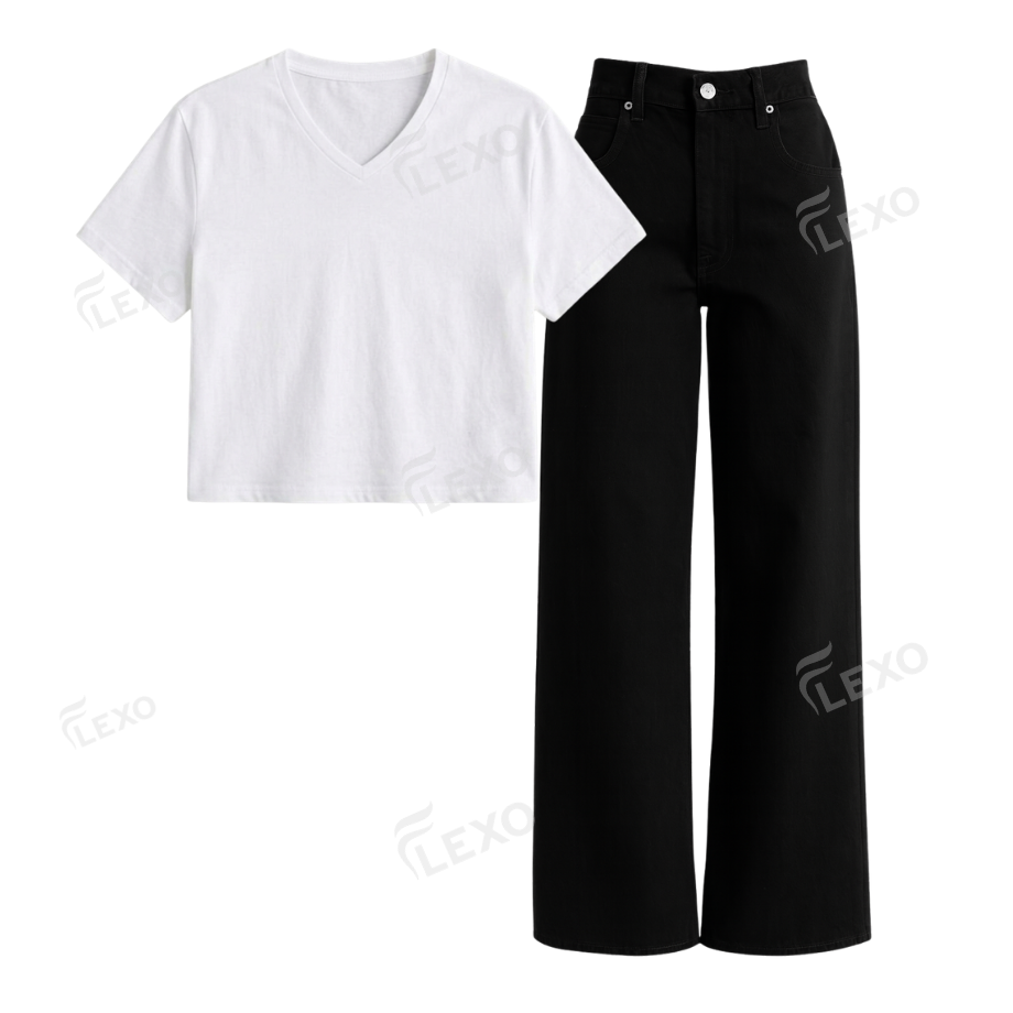 Black Wide Leg Jeans With Crop V-Neck T-Shirt
