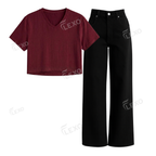 Black Wide Leg Jeans With Crop V-Neck T-Shirt