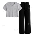 Black Wide Leg Jeans With Crop V-Neck T-Shirt