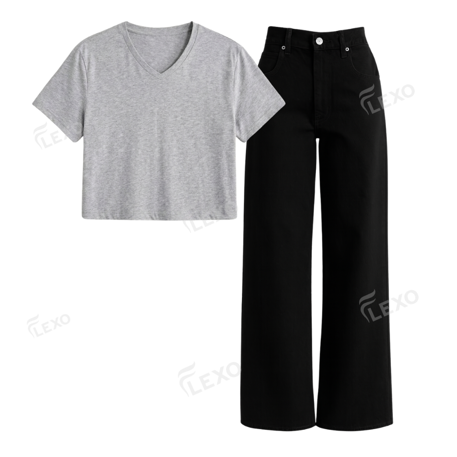Black Wide Leg Jeans With Crop V-Neck T-Shirt