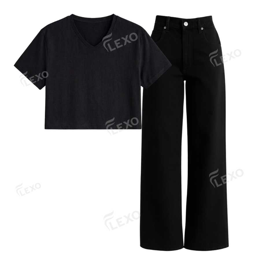 Black Wide Leg Jeans With Crop V-Neck T-Shirt