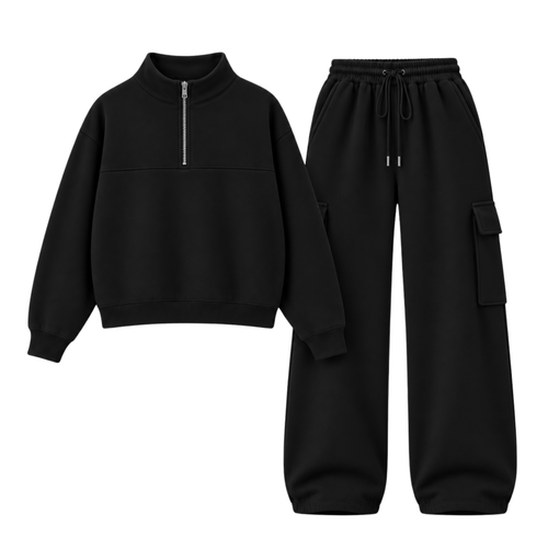 Black Straight Leg Cargo With Oversized Mockneck Sweatshirt