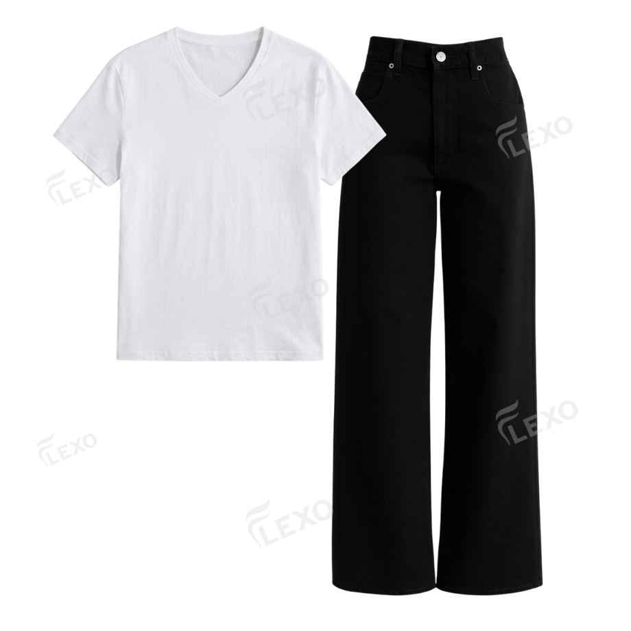 Black Wide Leg Jeans With V-Neck T-Shirt