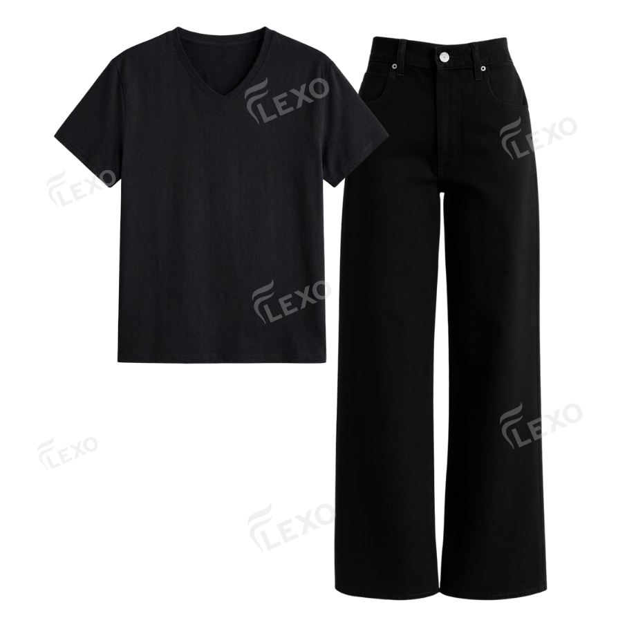 Black Wide Leg Jeans With V-Neck T-Shirt