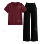 Black Wide Leg Jeans With V-Neck T-Shirt