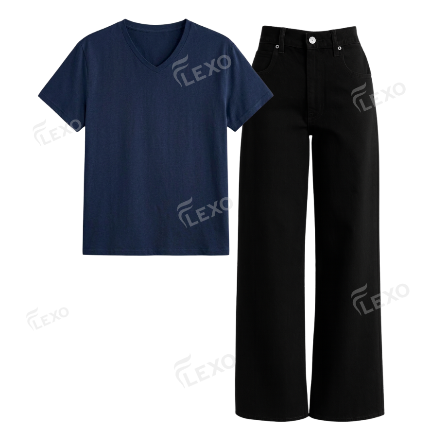 Black Wide Leg Jeans With V-Neck T-Shirt