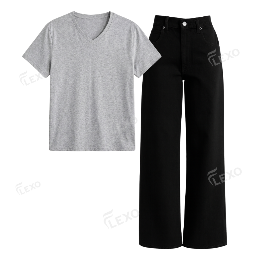 Black Wide Leg Jeans With V-Neck T-Shirt