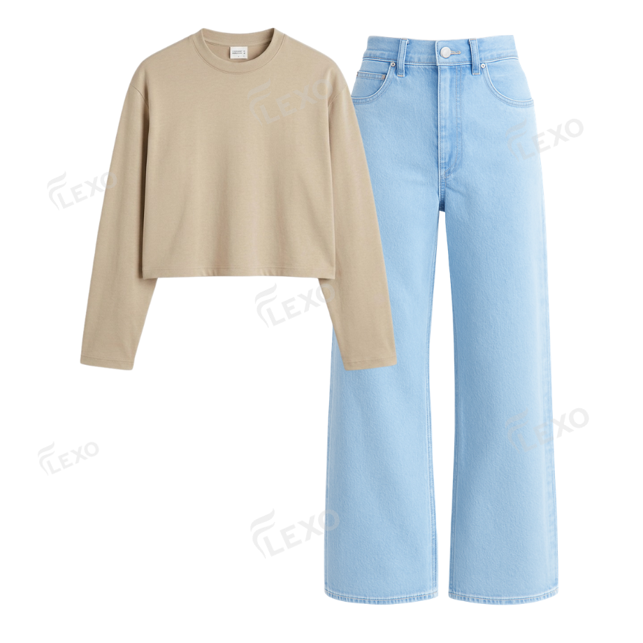 Iceblue Wide Leg Jeans With Crop Full Sleeves T-Shirt