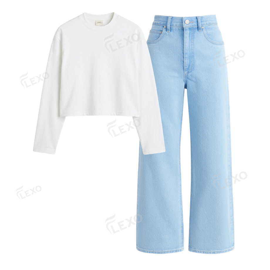 Iceblue Wide Leg Jeans With Crop Full Sleeves T-Shirt