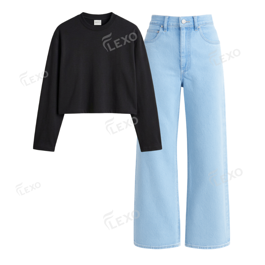 Iceblue Wide Leg Jeans With Crop Full Sleeves T-Shirt Secondary image