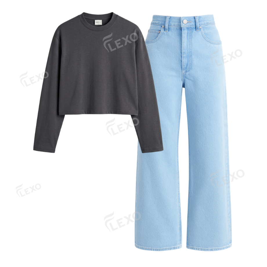 Iceblue Wide Leg Jeans With Crop Full Sleeves T-Shirt Main image