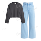 Iceblue Wide Leg Jeans With Crop Full Sleeves T-Shirt