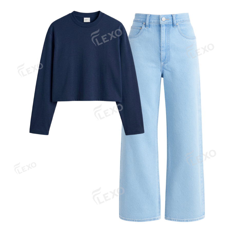 Iceblue Wide Leg Jeans With Crop Full Sleeves T-Shirt