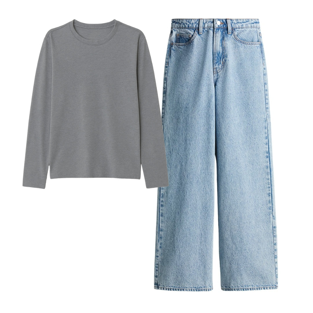 Steel Grey Full Sleeves Tee With Ice Blue Jeans