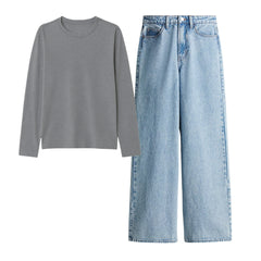 Steel Grey Full Sleeves Tee With Ice Blue Jeans