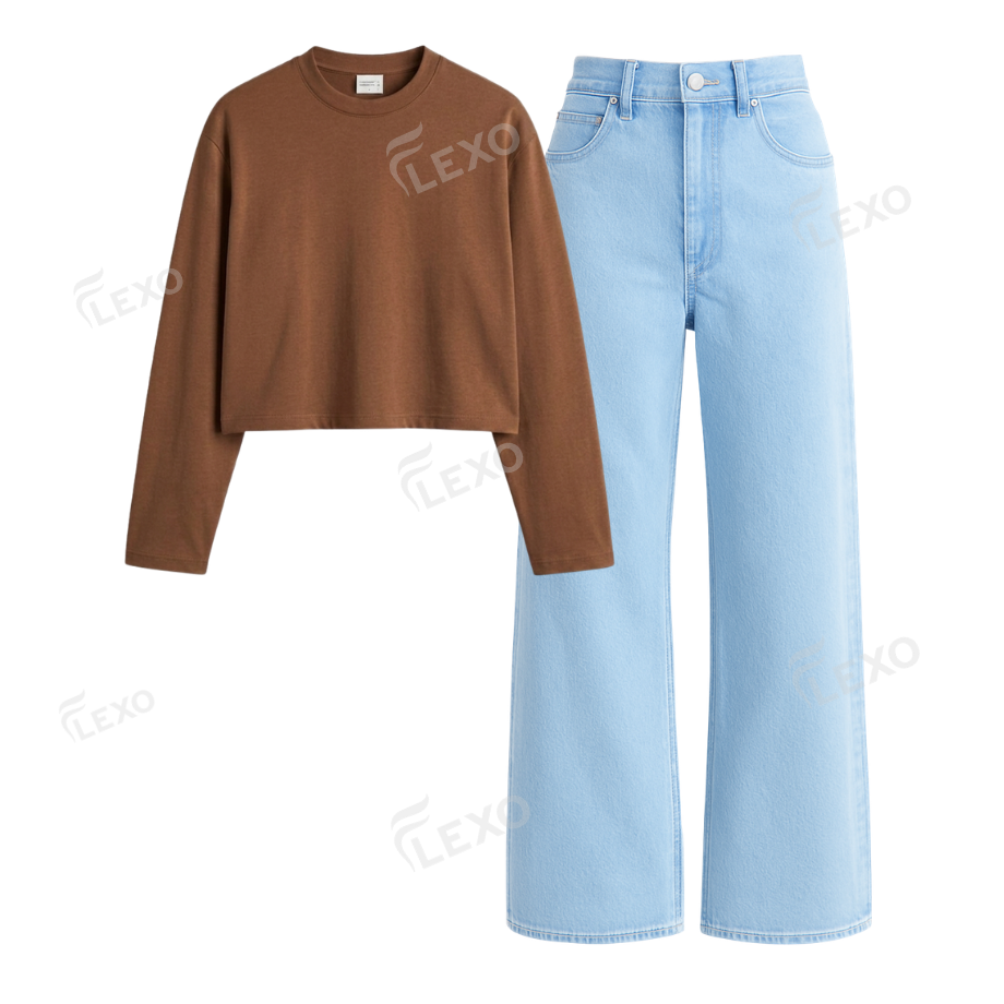 Iceblue Wide Leg Jeans With Crop Full Sleeves T-Shirt