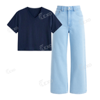 Iceblue Wide Leg Jeans With Crop V-Neck T-Shirt
