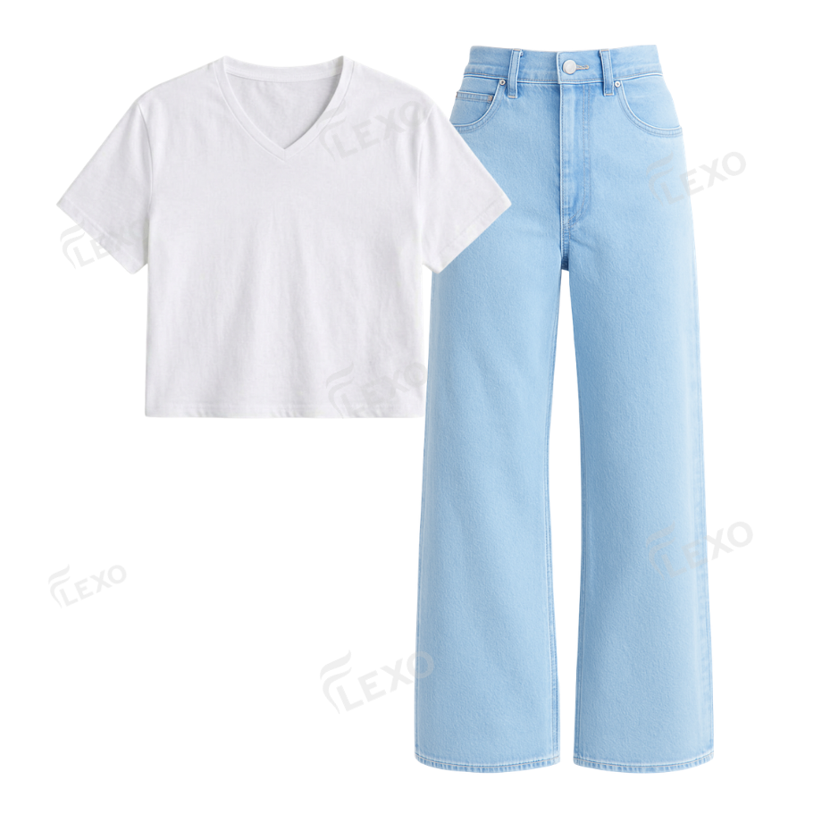 Iceblue Wide Leg Jeans With Crop V-Neck T-Shirt Secondary image