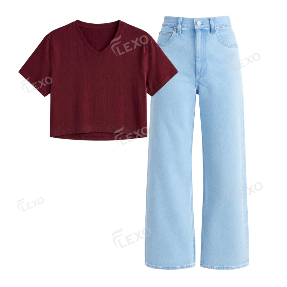 Iceblue Wide Leg Jeans With Crop V-Neck T-Shirt