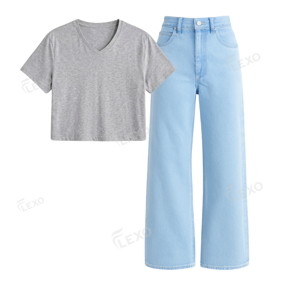 Iceblue Wide Leg Jeans With Crop V-Neck T-Shirt